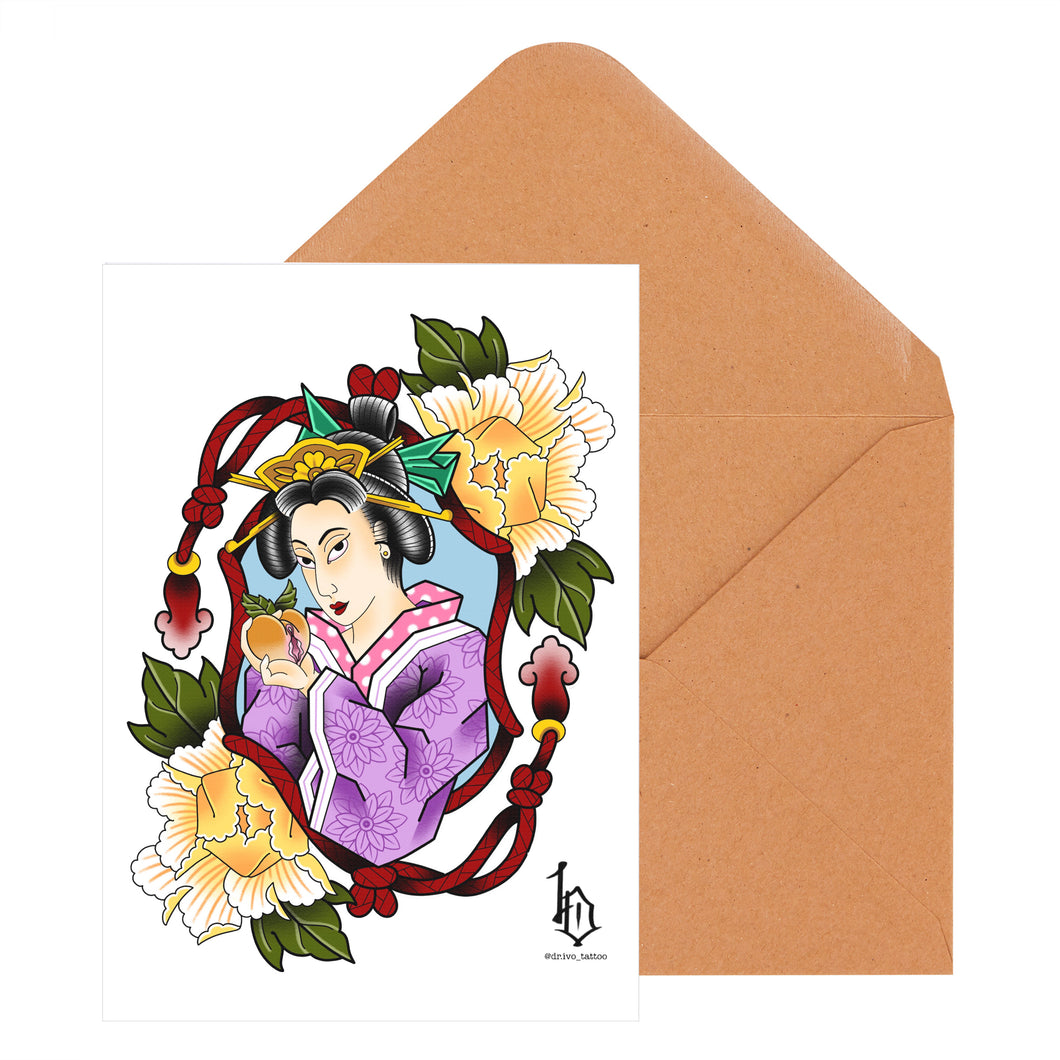 Japanese Woodblock Print Style Greeting Card - Geisha and Peach